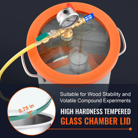 VEVOR 3-Gallon vacuum chamber with orange tempered-glass lid and stainless steel chamber