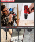 Ultimate 286 Piece Home And Auto Repair Tool Set with man using 21V Max Cordless Drill on wood