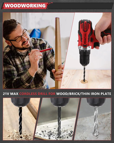 Ultimate 286 Piece Home And Auto Repair Tool Set with man using 21V Max Cordless Drill on wood