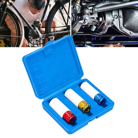 Grab This Sweet 3PC Wheel Lug Nut Socket Set With Thin Walls For 17mm 19mm And 21mm Rims Made From Tough Heat Treated Steel That Protects Your Polished Wheels While Chipping Loose Nuts Like A Boss., 3-piece lug nut socket set in blue case, 17mm 19mm 21mm C45 steel