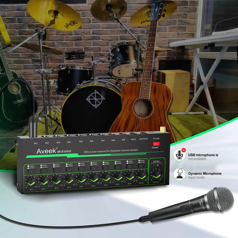 10 Channel Mini Stereo Audio Mixer Low Noise For Precision Sub Mixing with guitar, drum set, and dynamic microphone in studio