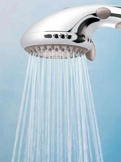 Multi-Function Handheld Showerhead With Non-Positive Pause Control, Chrome Finish, water flowing from nozzle