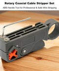 Two Piece Coax Cable Stripper Kit With Wire Cutter And Crimping Tool for RG59 RG58 RG6 RG11 on wooden surface