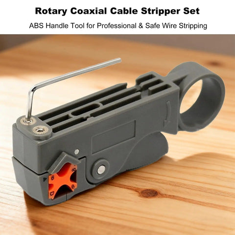 Two Piece Coax Cable Stripper Kit With Wire Cutter And Crimping Tool for RG59 RG58 RG6 RG11 on wooden surface