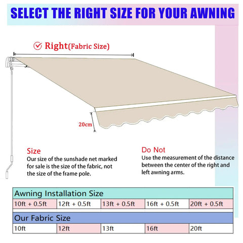 Diagram showing fabric size selection for Tough As Nails Patio Awning Replacement Fabric Cloth 12x10 Foot Sun Shade Material.