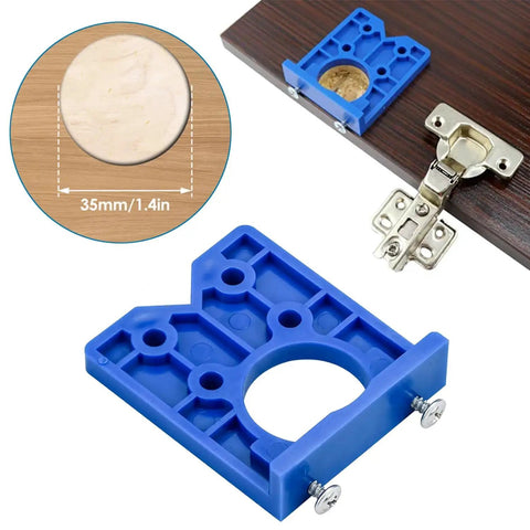 Beast 35mm Concealed Hinge Jig Kit for Cabinet Doors with 35mm Forstner Bit and hinge installed on wooden board.