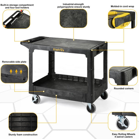 Large Heavy Duty Plastic Utility Cart with Flat Top Measuring Forty Two Point Five by Twenty Five Inches for Garage, Black