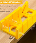 4-Piece Miter Box And Saw Set With A 3.95 Inch By 12 Inch Extra-Wide Miter Box shown on a wooden surface, highlighting dimensions.
