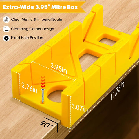 4-Piece Miter Box And Saw Set With A 3.95 Inch By 12 Inch Extra-Wide Miter Box shown on a wooden surface, highlighting dimensions.
