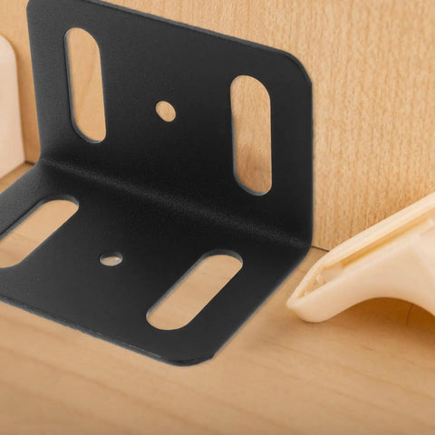 Beefy Heavy Duty L Shape Iron Corner Bracket Set 4 Pieces Right Angle Shelf Braces for Wood Shelves shown in black finish