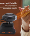 Compact cordless car heater and windshield defogger, featuring a 21V built-in battery, ideal for workshops and outdoor use.