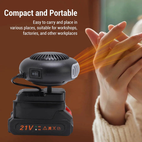 Compact cordless car heater and windshield defogger, featuring a 21V built-in battery, ideal for workshops and outdoor use.