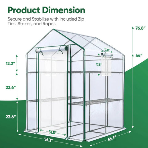 Walk In Greenhouse With Clear Plastic Cover 56x56x77 Inch Portable 3 Tier 4 Shelf Garden Kit For Winter Seed Starting And Plant Protection On Your Backyard Patio