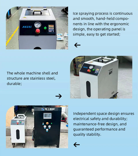 Real Deal Dry Ice Blasting Machine With Wireless Spray Gun For Knocking Heavy Grime And Stuck Paint Off Garage Gear Without Causing Major Headaches Later. Stainless steel body and control panel.