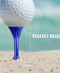 Three And A Quarter Inch Premium Plastic Golf Tees With Step Design For Consistent Shots shown on sandy surface with blue tee