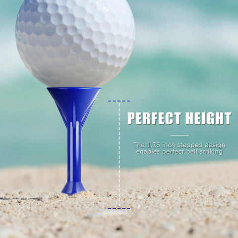 Three And A Quarter Inch Premium Plastic Golf Tees With Step Design For Consistent Shots shown on sandy surface with blue tee