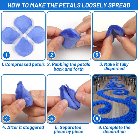 Instructions on spreading petals in the Blue Silk Rose Petals Romantic Night Decor Set With 2000 Pieces And 24 Flameless Heart Shaped Led Candles For Wedding Party And Valentines Day For Him