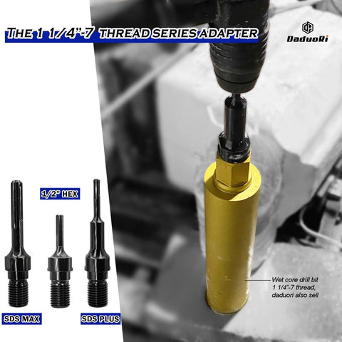 1-1/4 Inch 7 Female To 5/8 Inch 11 Male Thread Core Drill Bit Adapter in use on concrete drill setup