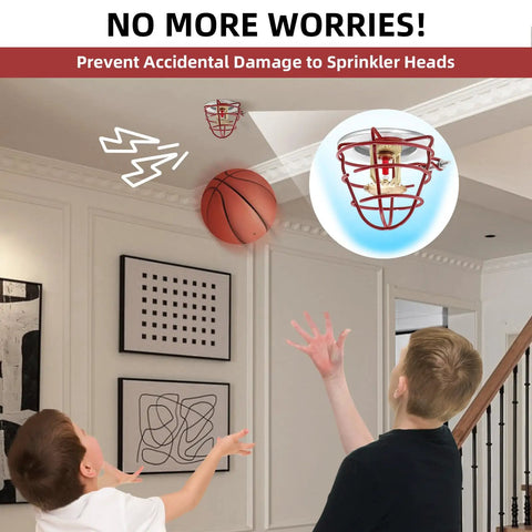 Children playing indoors with basketball under 6 Pack 3/4 Inch Fire Sprinkler Head Cage Guards With Welded Steel Mesh And Red Powder Coating.