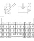 Smooth Operator Heavy Duty Manual Magnetic Lifter With Rock Solid On Off Handle and dimensions chart for steel lifting.