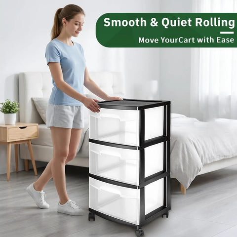 Quick Fix Snap Replace Casters For Sterilite 3 Drawer Cart with black casters and clear drawers for easy mobility in home settings.