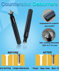 Front view of DKIBBITH 13-piece deburring tool set with 2 countersinks and 11 blades; knurled black handles