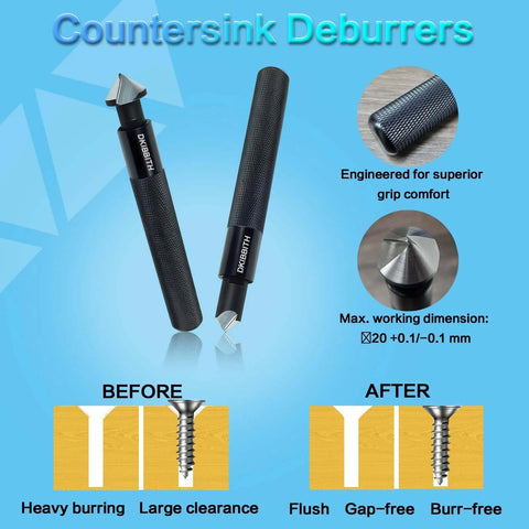 Front view of DKIBBITH 13-piece deburring tool set with 2 countersinks and 11 blades; knurled black handles