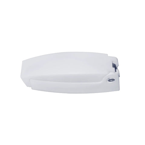 White Heavy Duty RV Storage Door Latch with spring clip for secure camper compartments and easy outside door access, side view.