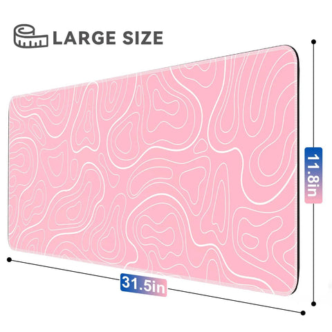 XL Gaming Mouse Pad 31.5 by 11.8 inches with non-slip rubber base, stitched edges, pink topographic print, thick durable surface