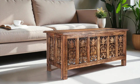 Solid Mango Wood Hand Carved Coffee Table 36x18 Inch With Vintage Burnt Finish, Modern Center Table For Living Room And Entryway, Ideal For Magazines Books And Plants, Durable Farmhouse Style