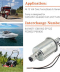 Universal 12V Electric Fuel Pump Inline External 2.5-4.5 PSI With 5/16 Inch Hose shown with applications on vehicles and machines