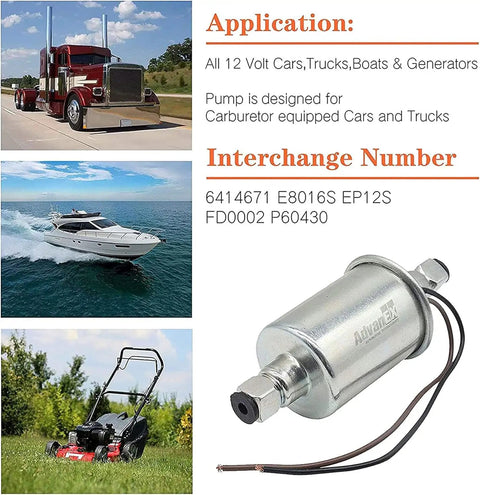 Universal 12V Electric Fuel Pump Inline External 2.5-4.5 PSI With 5/16 Inch Hose shown with applications on vehicles and machines