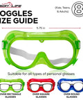 Badass Kids Safety Goggles With Ultra Clear Anti Fog Lenses And Impact Resistant Frame For Science Lab and Woodworking Crafts size guide showing green goggles.