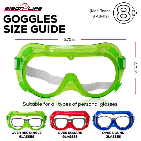 Badass Kids Safety Goggles With Ultra Clear Anti Fog Lenses And Impact Resistant Frame For Science Lab and Woodworking Crafts size guide showing green goggles.