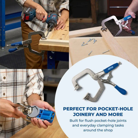 Heavy Duty Three Inch Face Clamp For Woodworking Knock Out Flush Joints Like A Pro used for pocket-hole joinery and securing wood pieces.