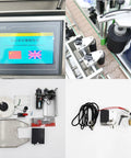 Automatic Desktop Round Bottle Labeling Machine With Conveyor Applicator For Cosmetics Beverages And Food Runs Twenty To Thirty Bottles Per Minute At One Hundred Ten Volts Hassle Free Plug And Play Setup, components display and control panel.