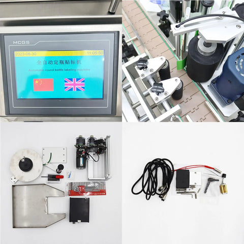 Automatic Desktop Round Bottle Labeling Machine With Conveyor Applicator For Cosmetics Beverages And Food Runs Twenty To Thirty Bottles Per Minute At One Hundred Ten Volts Hassle Free Plug And Play Setup, components display and control panel.
