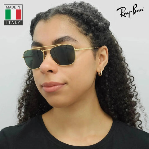 Person wearing RB3636 Square Frame Non Polarized Sunglasses For Men And Women With Green Lens. Made in Italy, Ray-Ban logo visible.