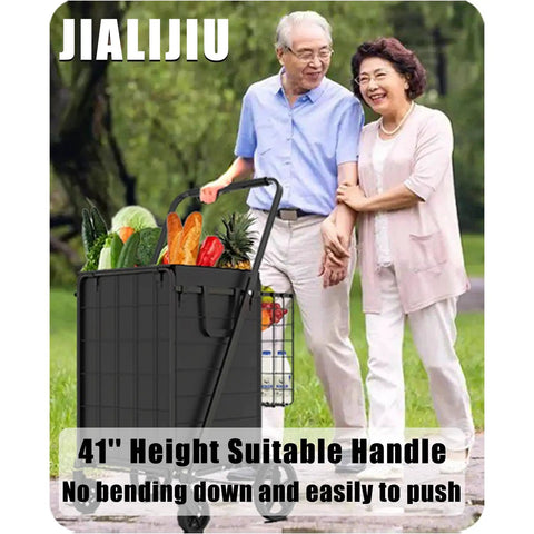 Heavy Duty Folding Grocery Cart With Jumbo Capacity And Waterproof Bag in park with elderly couple pushing 360 swivel wheels