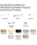 Image showing various bathroom fixtures including Parallel 18 Inch Towel Bar In Vibrant Brushed Nickel Finish For A Cool Modern Bathroom Vibe.