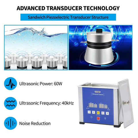 Ultrasonic Eyeglasses Cleaner With Large 1L Tank, 60W Power And 80C Heater, transducer technology and control panel visible.