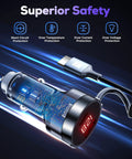 Beast Mode Usb C Car Charger 75W Heavy Duty Slick Metal Housing showing circuit protection features and digital display.