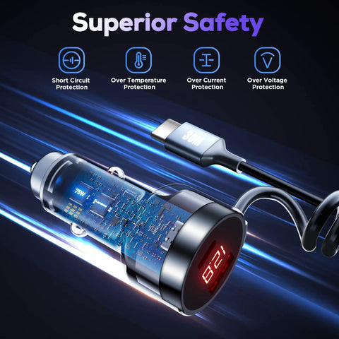 Beast Mode Usb C Car Charger 75W Heavy Duty Slick Metal Housing showing circuit protection features and digital display.