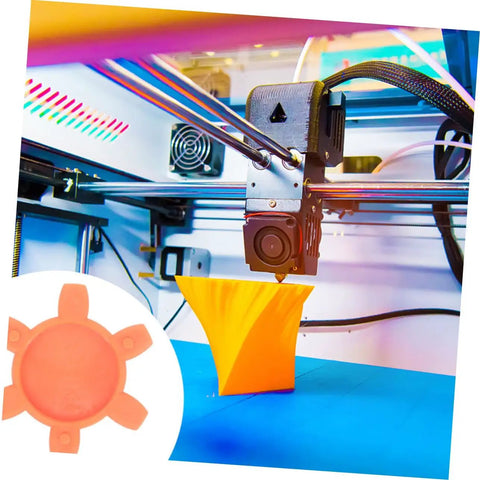 Flexible Rubber Jaw Coupling Insert Pad for CNC Machines shown near 3D printer and orange print object, vibration damping, compatible with L shaped claw coupling kits.