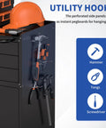 Three Foot Rolling Tool Cart With Lockable Swivel Casters Heavy Duty Three Drawer Storage Cabinet And Pegboard Organizer showing utility hooks for tool storage.