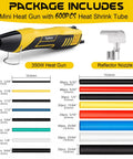 BossLevel Sweet 600Pcs Heat Shrink Tubing Bundle Paired With 350W TwoTemp Mini Heat Gun Including Five Foot Cable And Eleven Colored Sleeves, showcasing heat gun and tubing sizes.