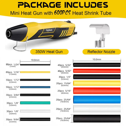 BossLevel Sweet 600Pcs Heat Shrink Tubing Bundle Paired With 350W TwoTemp Mini Heat Gun Including Five Foot Cable And Eleven Colored Sleeves, showcasing heat gun and tubing sizes.