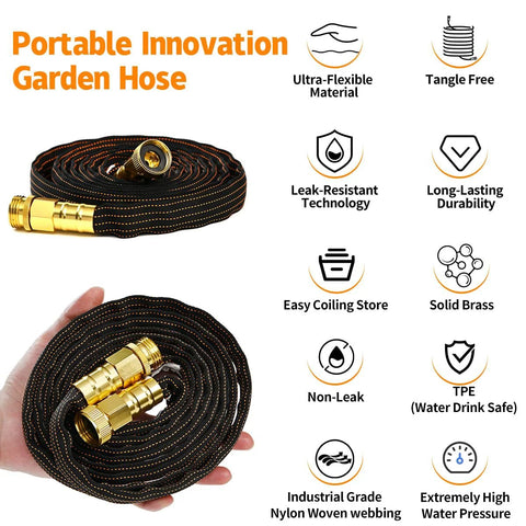 25ft orange-black lightweight garden hose with solid brass fittings and non-kink design