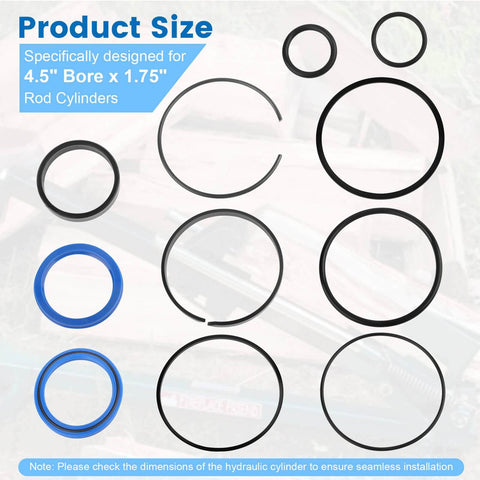 Beefed Up Hydraulic Log Splitter Cylinder Rebuild Seal Kit For 4.5 Inch Bore And 1.75 Inch Rod Cylinder Replacement Seals To Restore Power And Leverage On Your Wood Splitter Pack Of 11 displayed on a surface with measurements shown