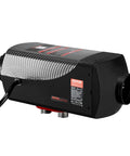 Hefty 8KW Diesel Air Heater 12 Volt Rig Setup With Handy Remote And Lcd Panel Integrated Ultra Quiet Muffler side view with connect ports.